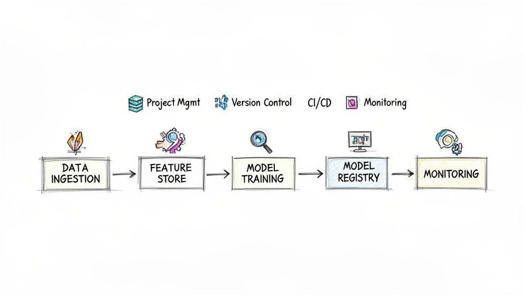 MLOps workflow diagram showing data ingestion, feature store, model training, registry, and monitoring.