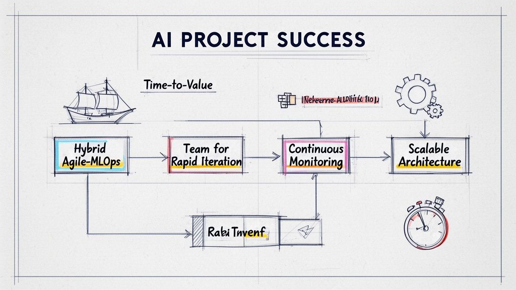 Flowchart showing steps for AI project success: Hybrid Agile-MLOps, rapid iteration, continuous monitoring, scalable architecture.