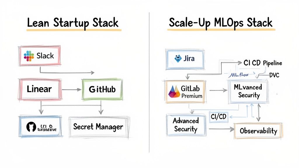 Diagram comparing Lean Startup software stack with Slack, Linear, GitHub, and Secret Manager, versus Scale-Up MLOps stack featuring Jira, GitLab Premium, and MLOps security tools.