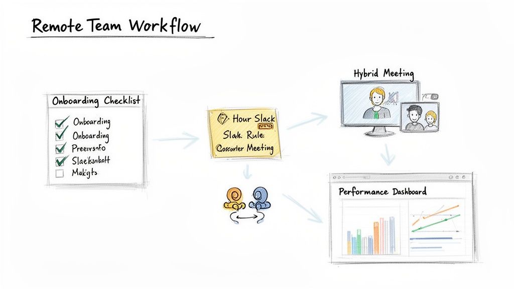 A whiteboard sketch illustrating a remote team workflow with onboarding, communication, hybrid meetings, and performance tracking.