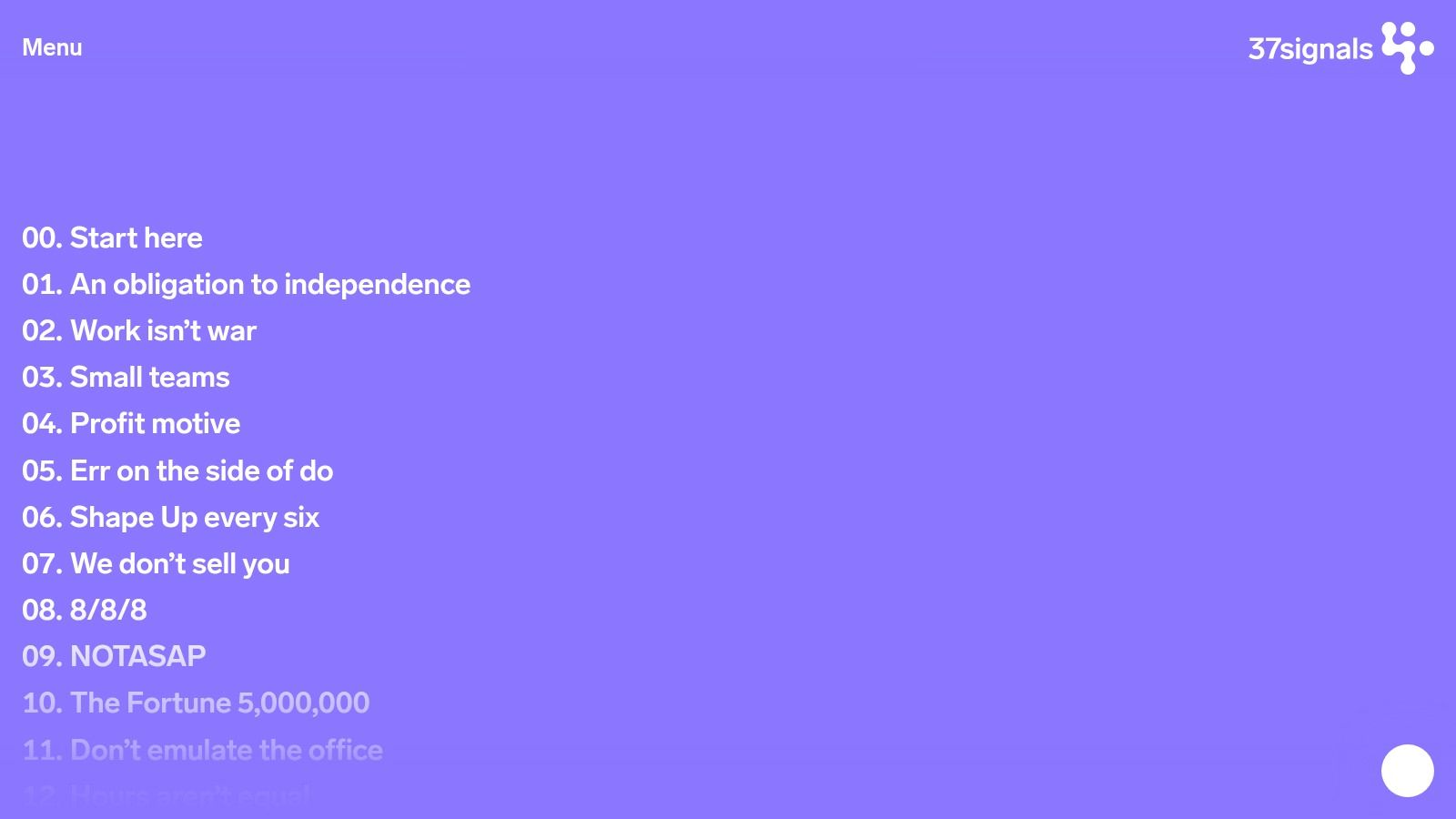 37signals (Basecamp/HEY) homepage menu