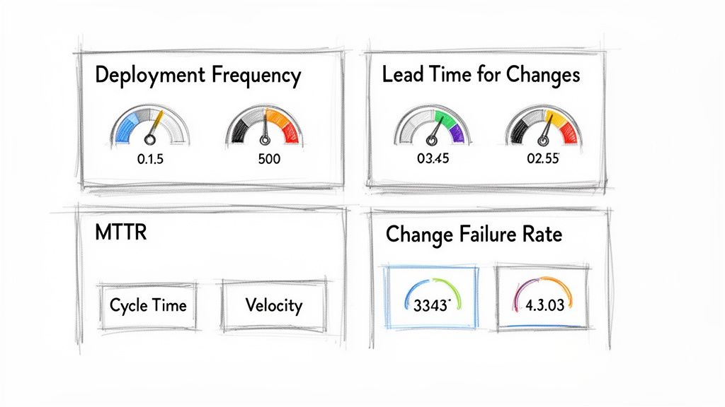 A hand-drawn sketch of a DevOps dashboard displaying key performance indicators like deployment frequency and change failure rate.