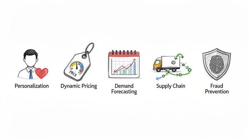 Icons illustrate five key retail applications: personalization, dynamic pricing, demand forecasting, supply chain, and fraud prevention.