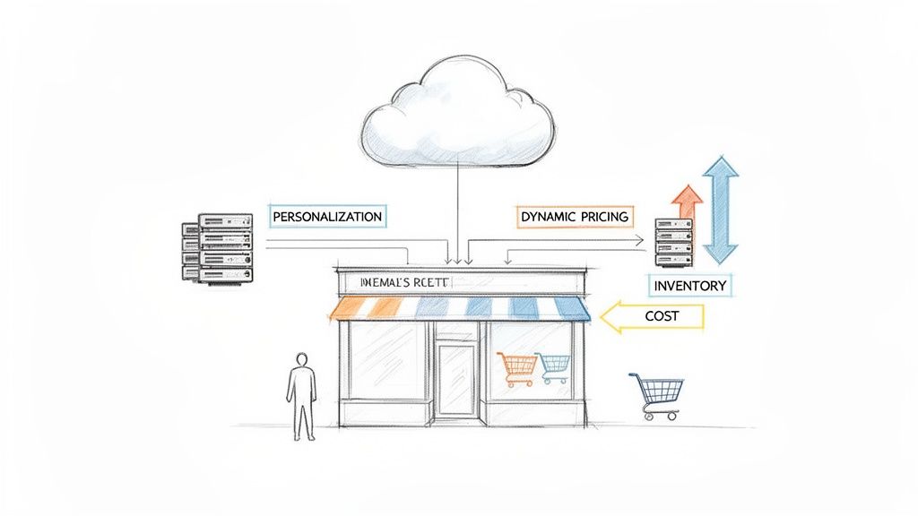 Diagram illustrating a retail store with cloud and servers managing personalization, dynamic pricing, inventory, and cost.