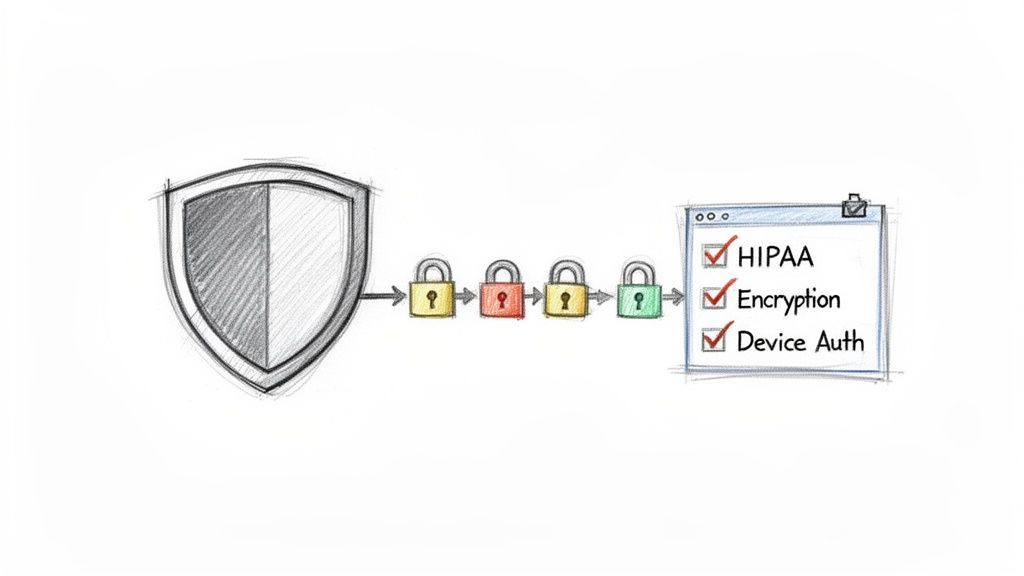 Hand-drawn illustration of a security shield, multiple locks, and a checklist of security compliance items.