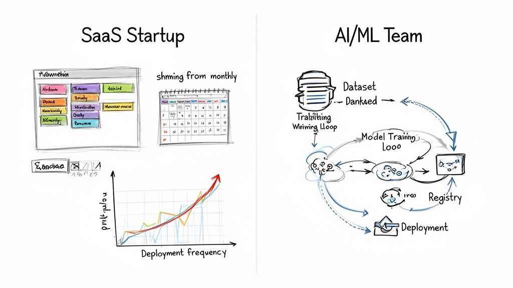 A whiteboard sketch contrasting development practices for a SaaS startup with an AI/ML team workflow.
