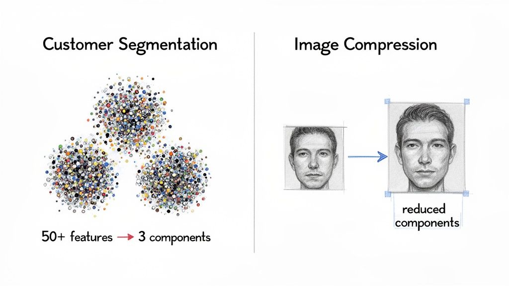 Two examples illustrating dimensionality reduction: customer segmentation with 50+ features to 3 components, and image compression with reduced components.