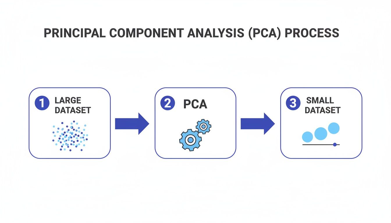 Diagram illustrating the Principal Component Analysis (PCA) process, transforming a large dataset into a smaller one.
