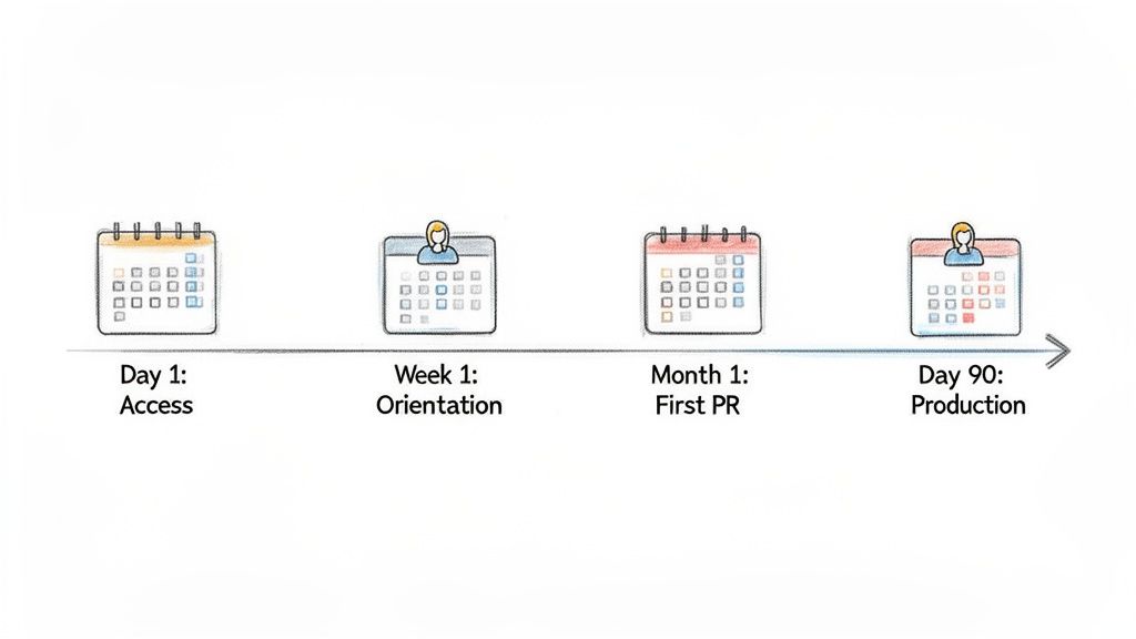 Software engineering onboarding timeline illustrating milestones: Day 1 Access, Week 1 Orientation, Month 1 First PR, Day 90 Production.