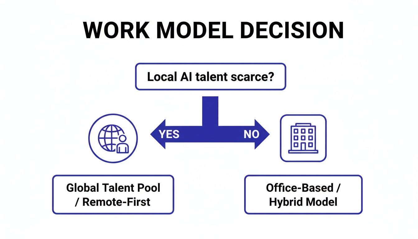 Flowchart showing work model decision: remote-first for scarce local AI talent, office-based otherwise.