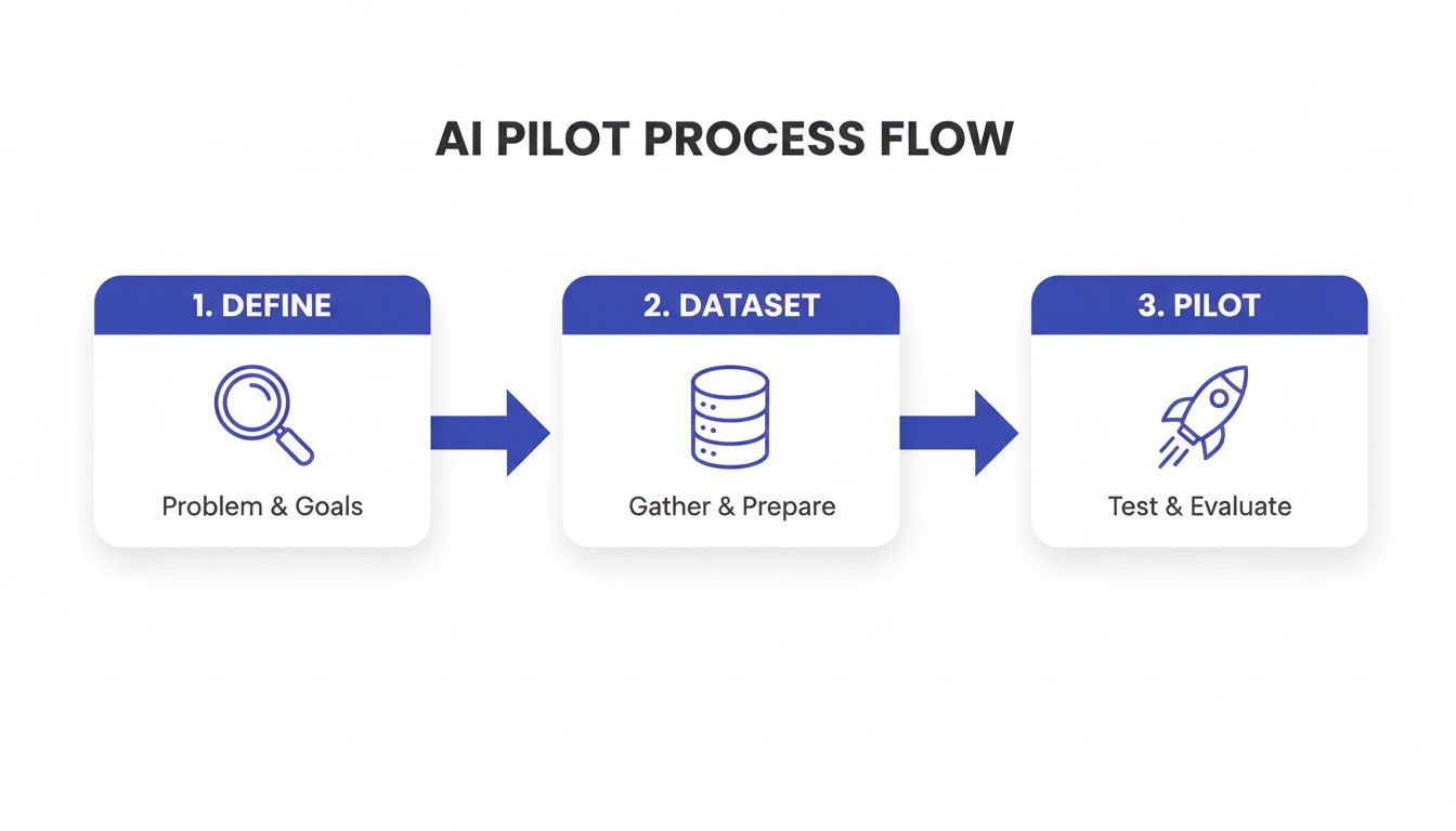 A three-step AI pilot process flow diagram showing define, dataset, and pilot phases.