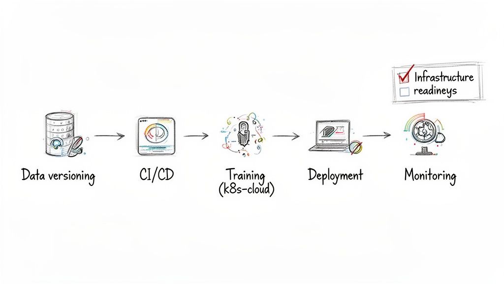 A hand-drawn diagram illustrating an MLOps workflow from data versioning to monitoring.