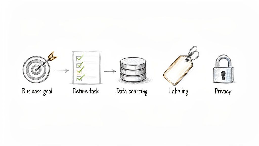 A diagram illustrating the sequential steps for building an AI system: business goal, define task, data sourcing, labeling, and privacy.