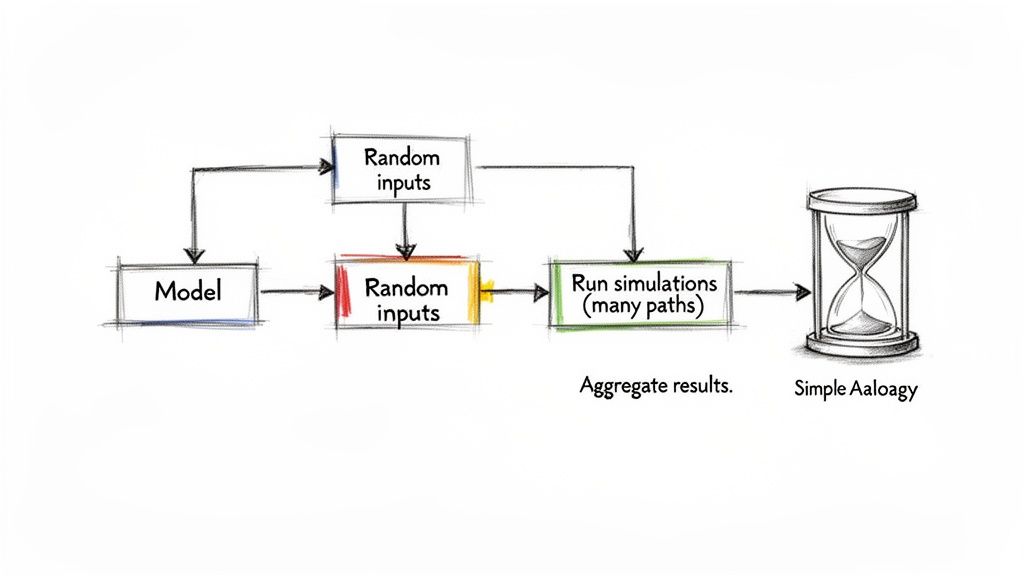Flowchart illustrating the Monte Carlo simulation process with model, random inputs, and results aggregation.