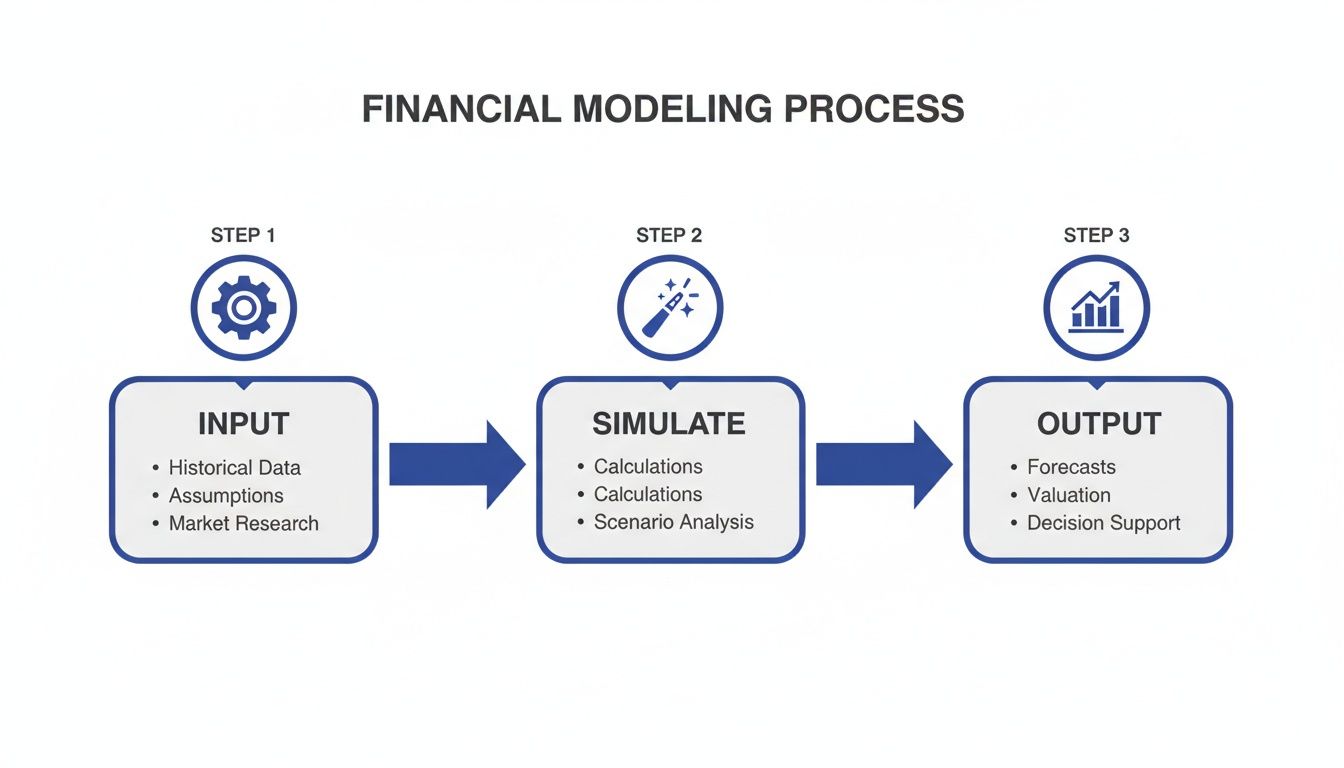 Diagram illustrating the three-step financial modeling process: Input, Simulate, and Output stages.