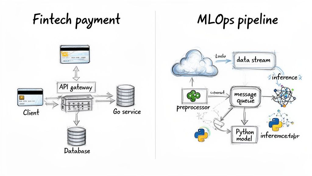 Two system diagrams illustrating a Fintech payment architecture with Go service and an MLOps pipeline.