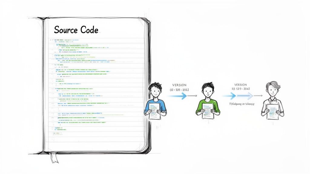 A drawing of a 'Source Code' book and three people managing different versions over time.