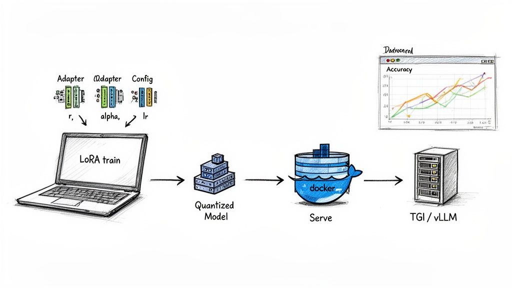Workflow diagram illustrating LoRA training, model quantization, Docker serving, TGI/vLLM deployment, and accuracy monitoring.