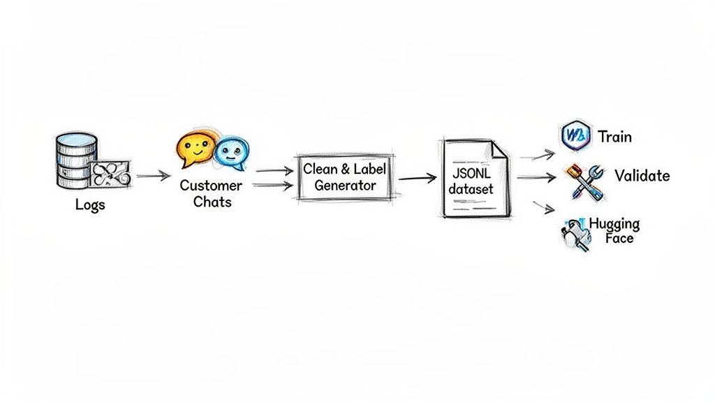 Diagram showing customer chat logs processed into a JSONL dataset for training, validation, and fine-tuning.