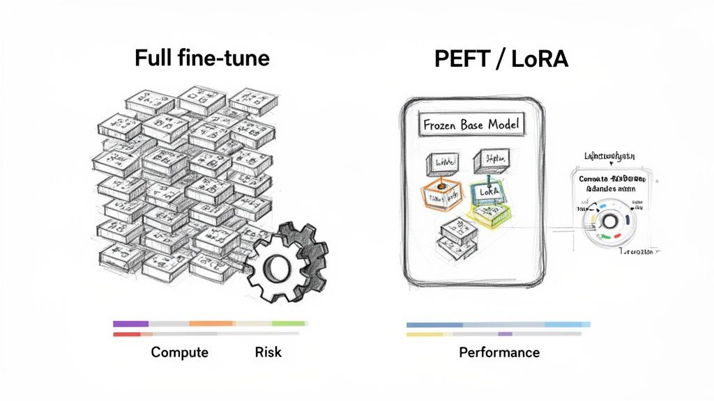 Diagram comparing full fine-tuning with PEFT/LoRA methods for language models, showing trade-offs.