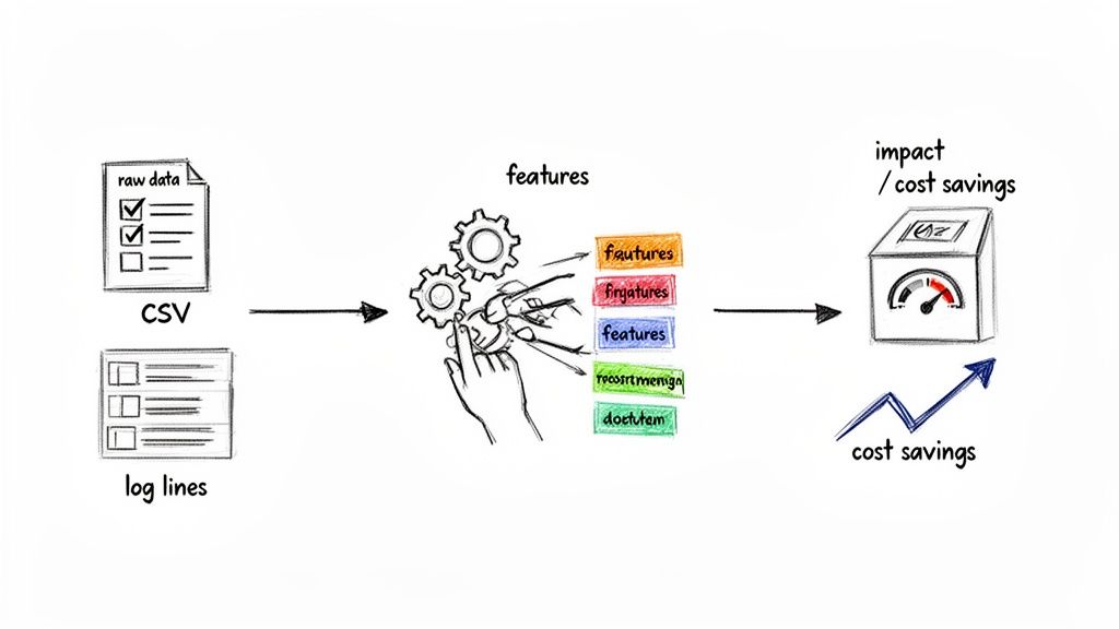 Diagram illustrating raw data transforming into features through a process, leading to impact and cost savings.