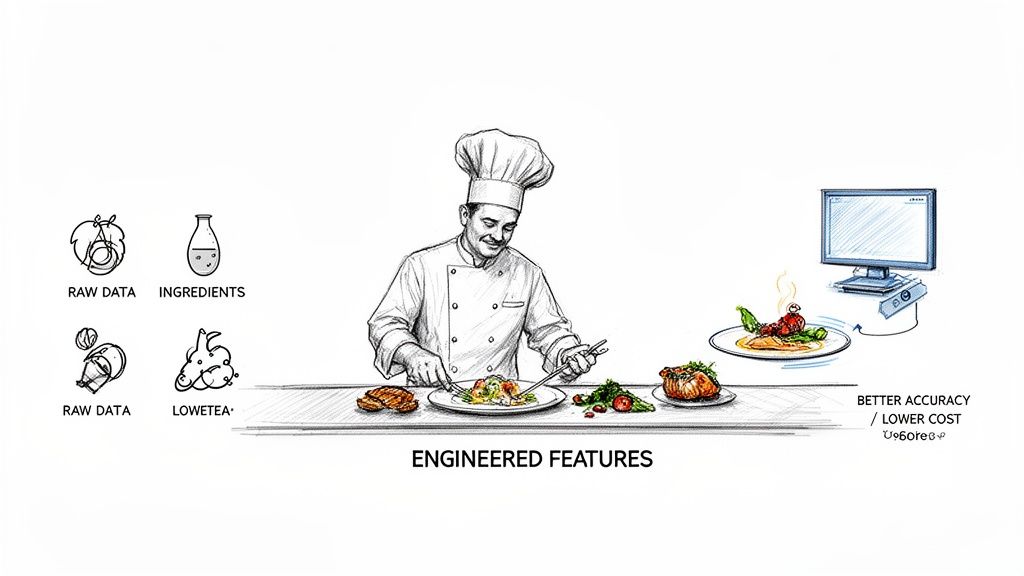An illustration of a chef preparing dishes from raw ingredients, symbolizing feature engineering for better machine learning accuracy and lower cost.