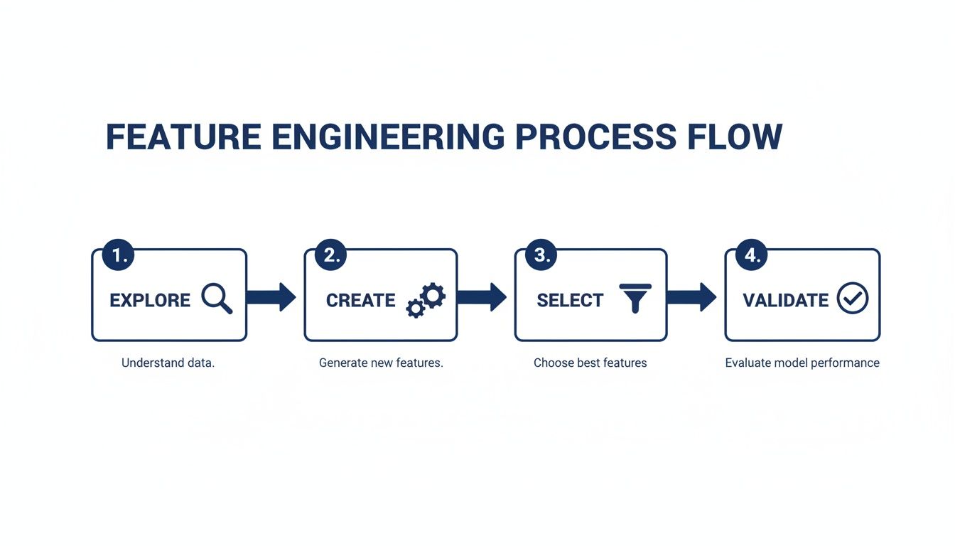 Flowchart illustrating the four key steps of the feature engineering process: explore, create, select, validate.