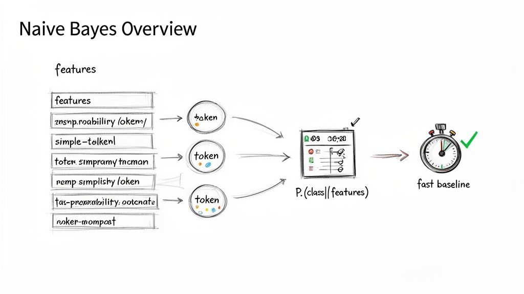 A diagram illustrates the Naive Bayes algorithm workflow, from input features and tokenization to calculating class probability for a fast baseline.