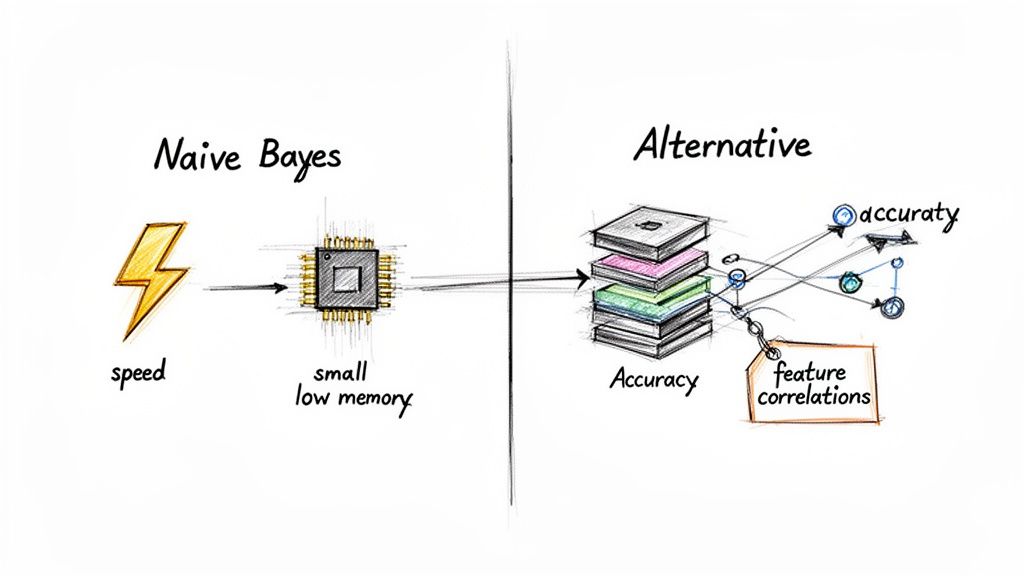 Infographic comparing Naive Bayes algorithm's speed and low memory to alternative models' accuracy and feature correlations.