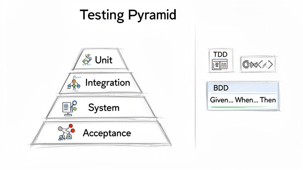 A diagram illustrating the software testing pyramid with layers for unit, integration, system, and acceptance tests, plus TDD and BDD examples.