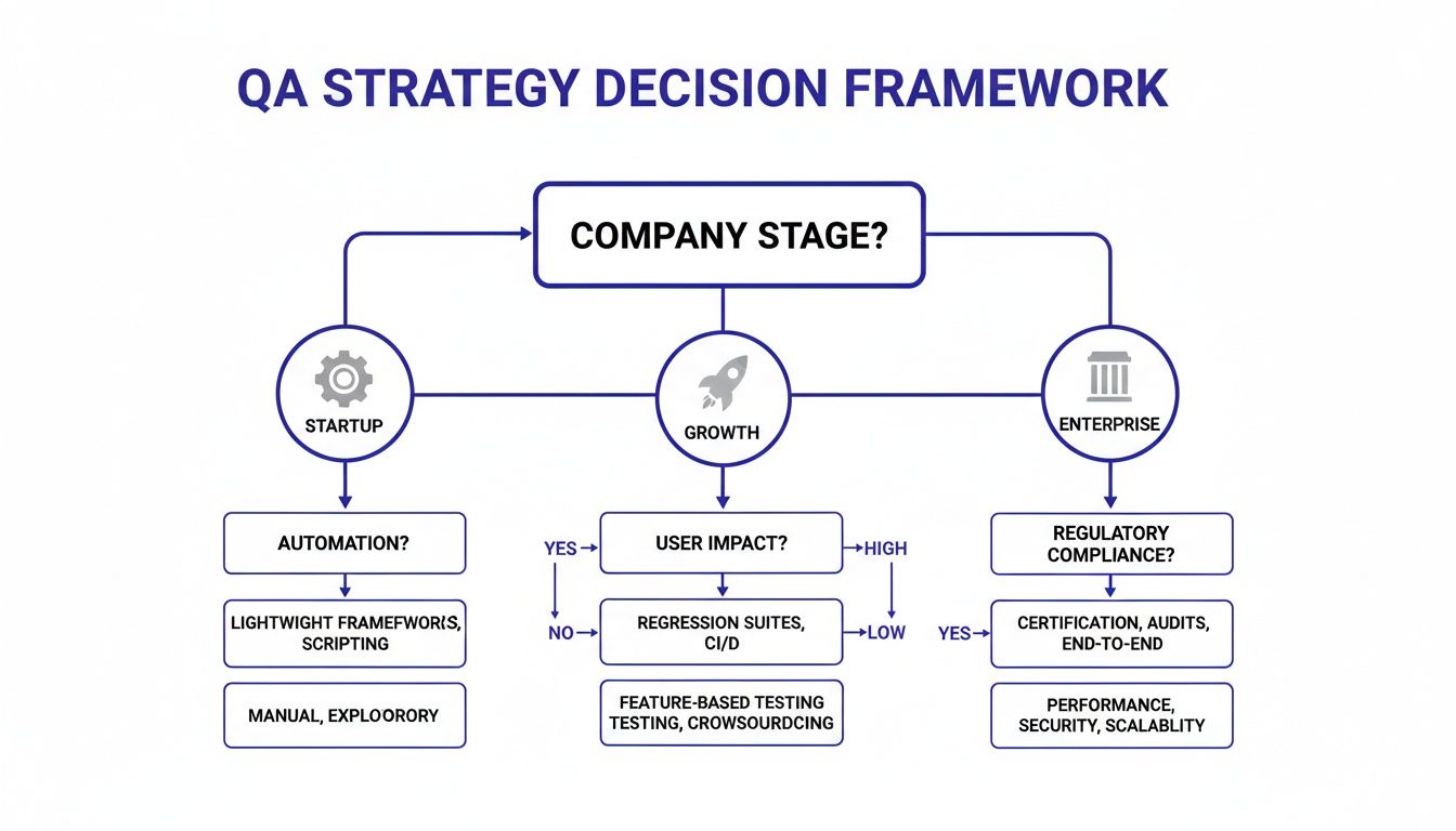 A QA strategy decision framework flowchart detailing testing approaches based on company stage and requirements.
