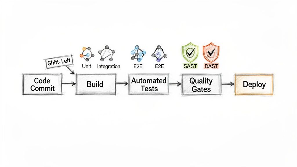 Flowchart showing a software development pipeline with code commit, build, various tests, quality gates, and deploy.