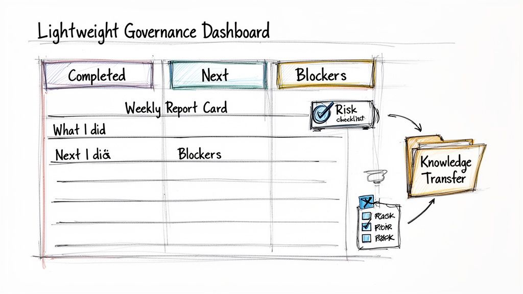 A hand-drawn sketch of a Lightweight Governance Dashboard with sections for tasks, risks, and knowledge transfer.