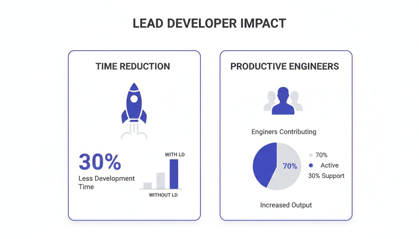 Infographic detailing lead developer impact on project efficiency, showing time reduction and productive engineers.