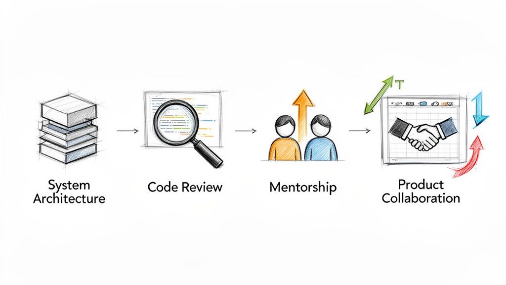 A diagram illustrates four key steps: system architecture, code review, mentorship, and product collaboration.