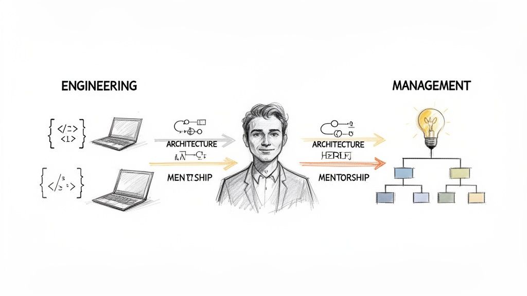Diagram illustrates a software developer's career path from engineering code to management ideas and organization.