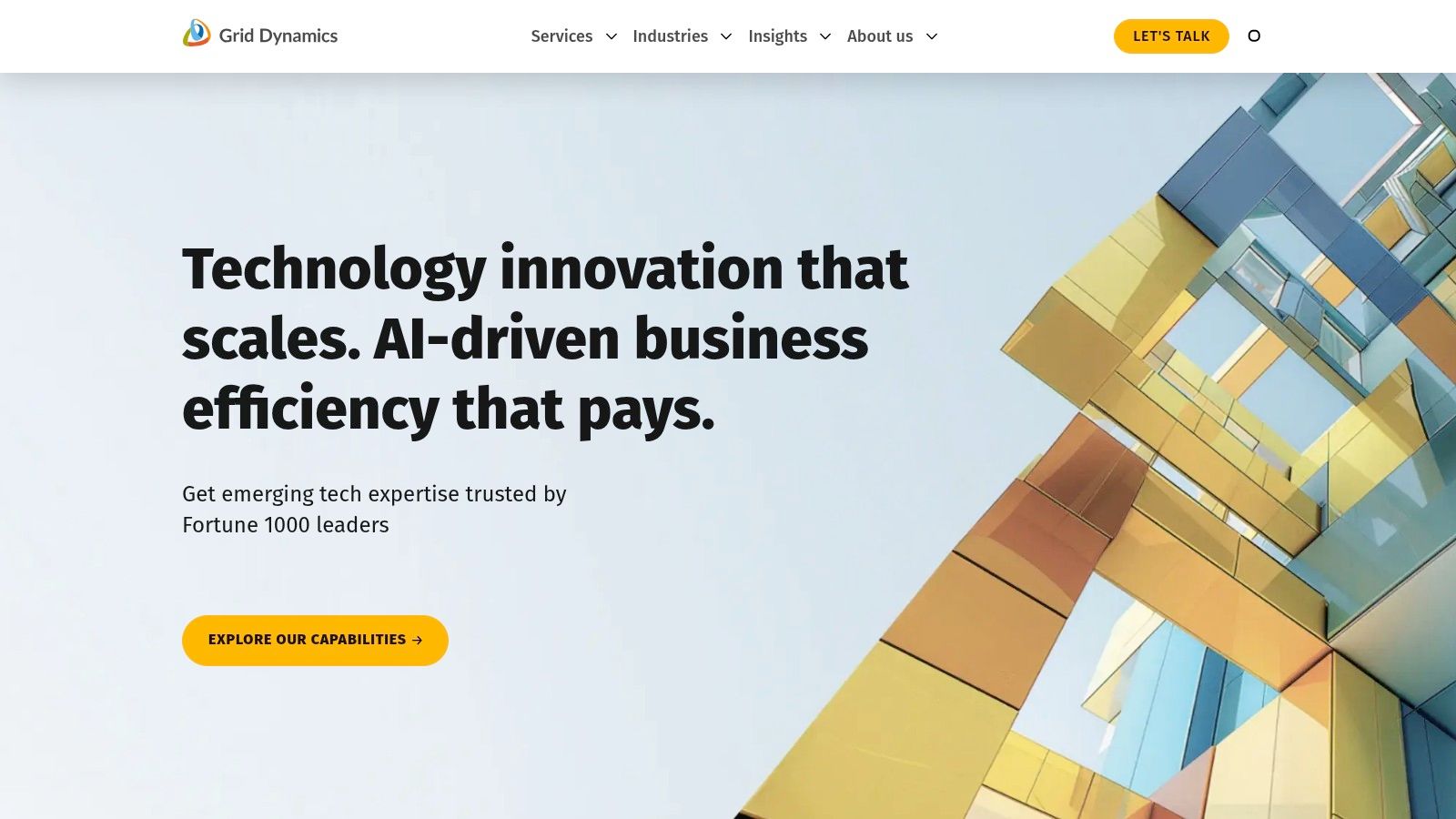 Grid Dynamics's website homepage showcasing their focus on tech solutions and engineering.