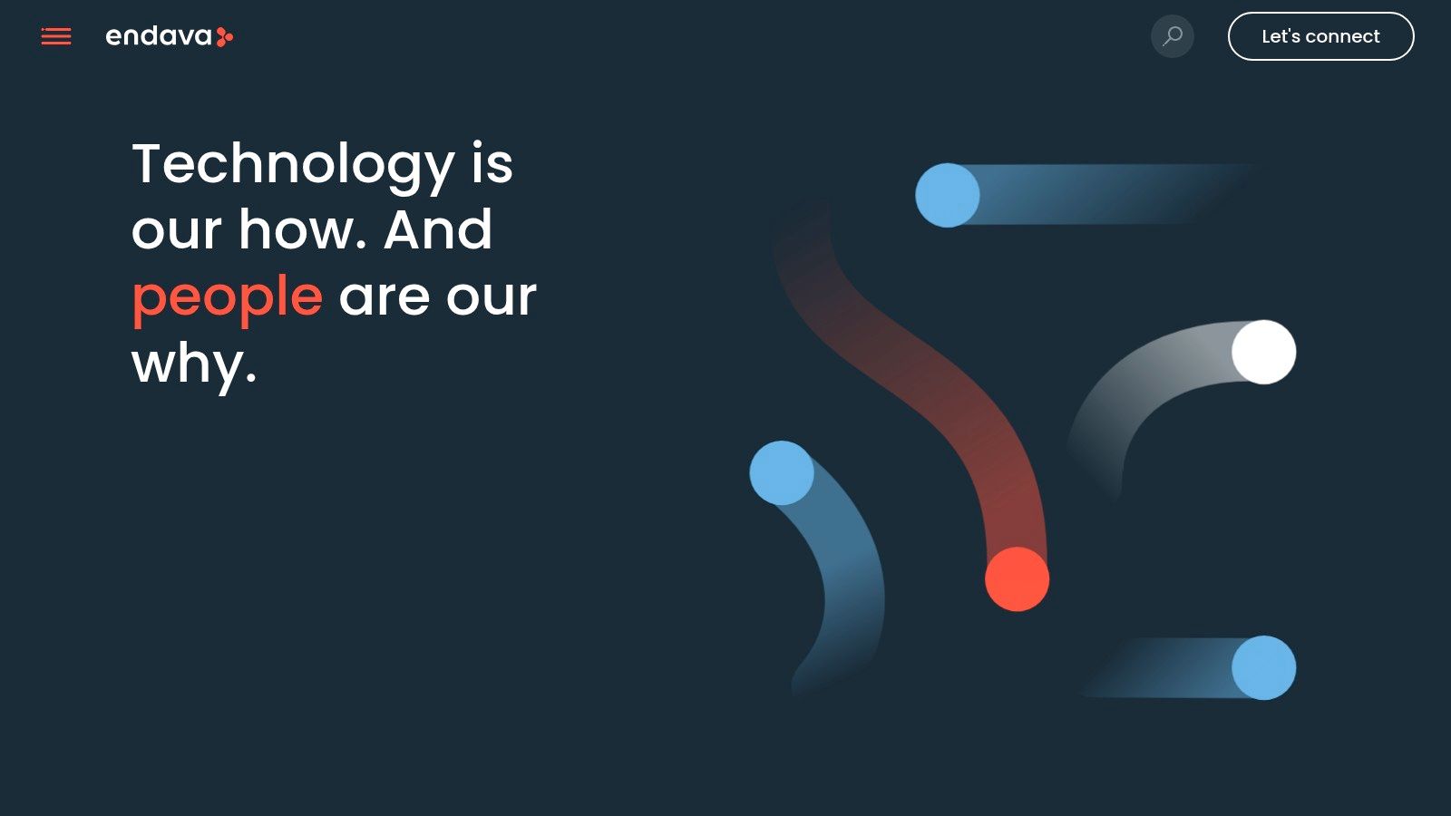 Endava's website homepage showcasing their brand message about reinventing the relationship between people and technology.