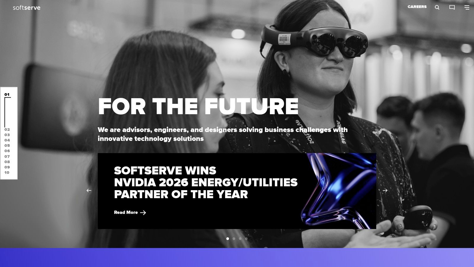 SoftServe's website homepage showcasing their focus on future technology and digital solutions.