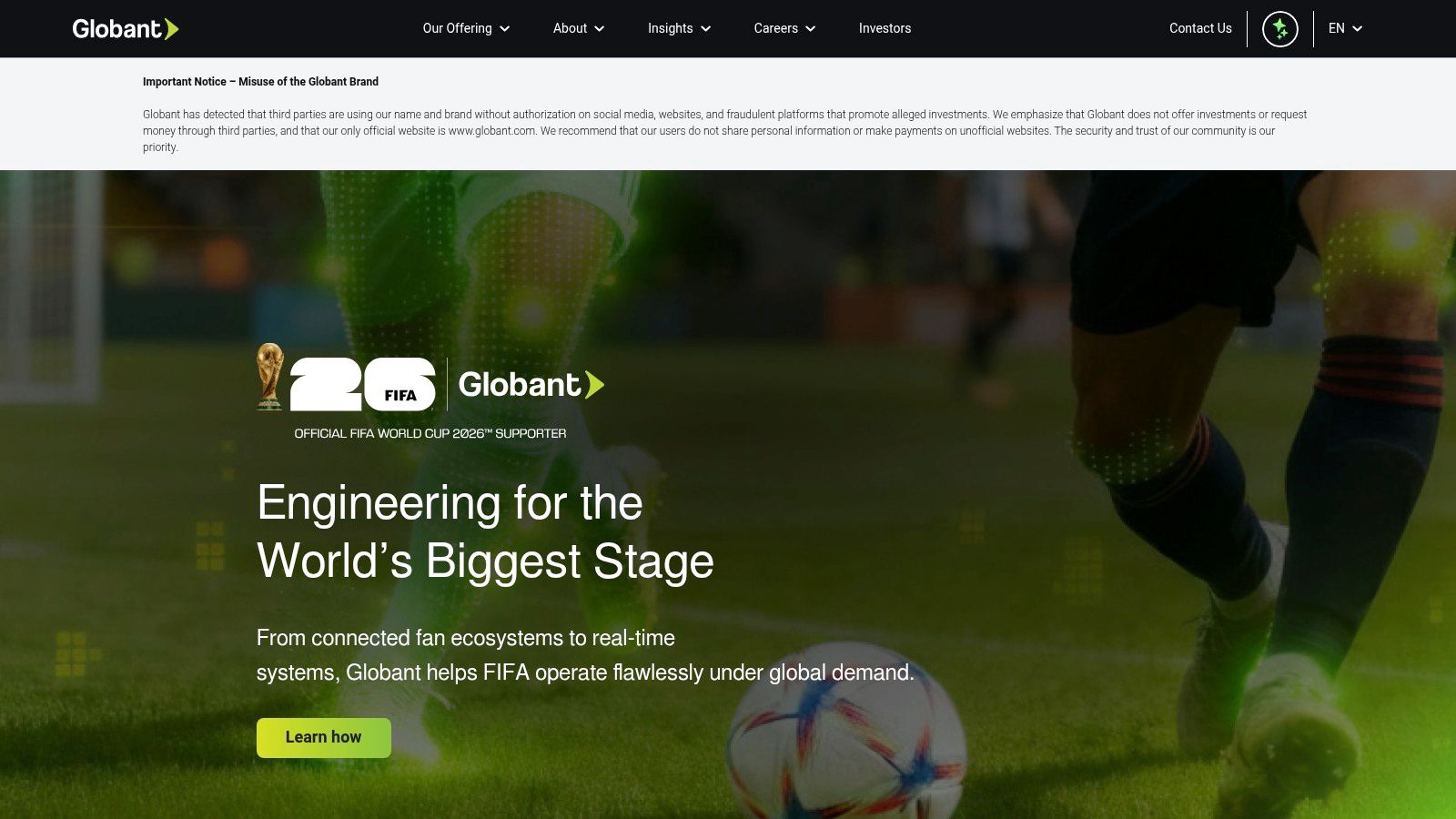 Globant's website homepage showing a soccer-themed graphic, representing their global and team-oriented approach.