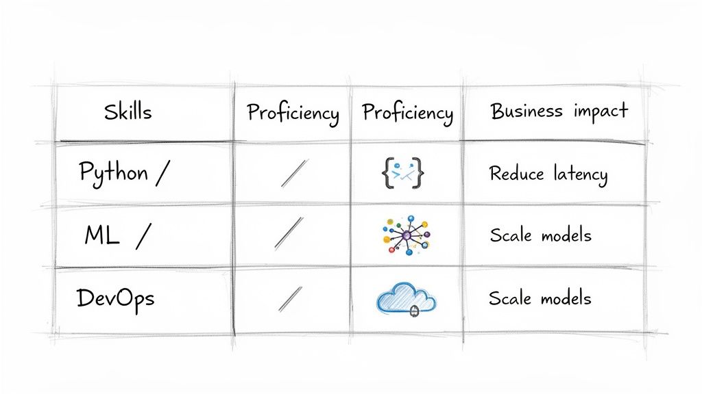 A table outlining programming skills such as Python, ML, and DevOps, their proficiency, and business impact.