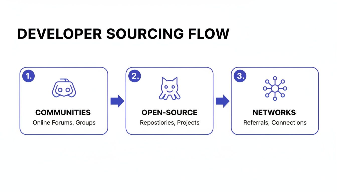 Flowchart showing three steps for sourcing developers: communities, open-source, and networks.