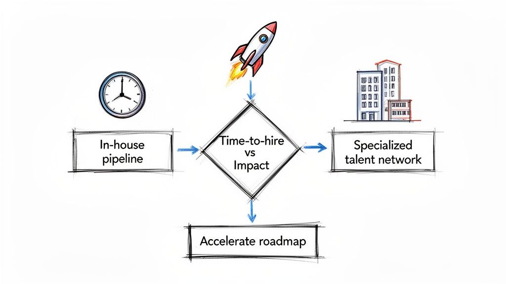 Flowchart comparing in-house vs specialized talent for time-to-hire and impact to accelerate roadmap.
