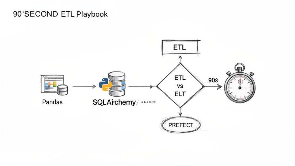 Flowchart illustrating a 90-second ETL playbook with Pandas, SQLAlchemy, ETL vs ELT decision, and Prefect.