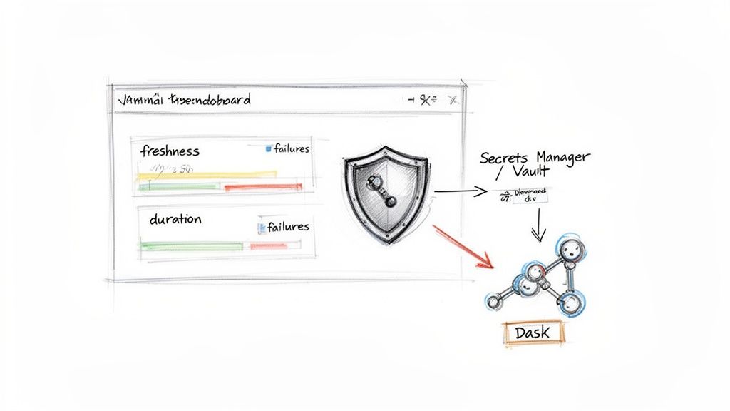 Hand-drawn diagram depicting a data pipeline from a dashboard through a secrets manager to Dask.