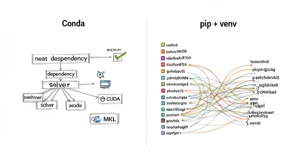 Comparison of dependency management: Conda shows a neat, clear flow, while pip + venv displays a complex, tangled web.