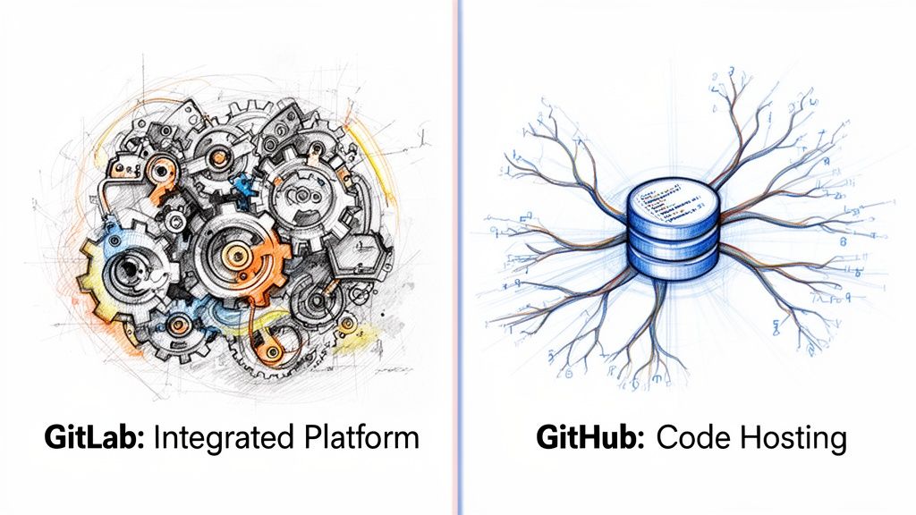 A visual comparison showing GitLab as a complex gear system and GitHub as a central code repository.