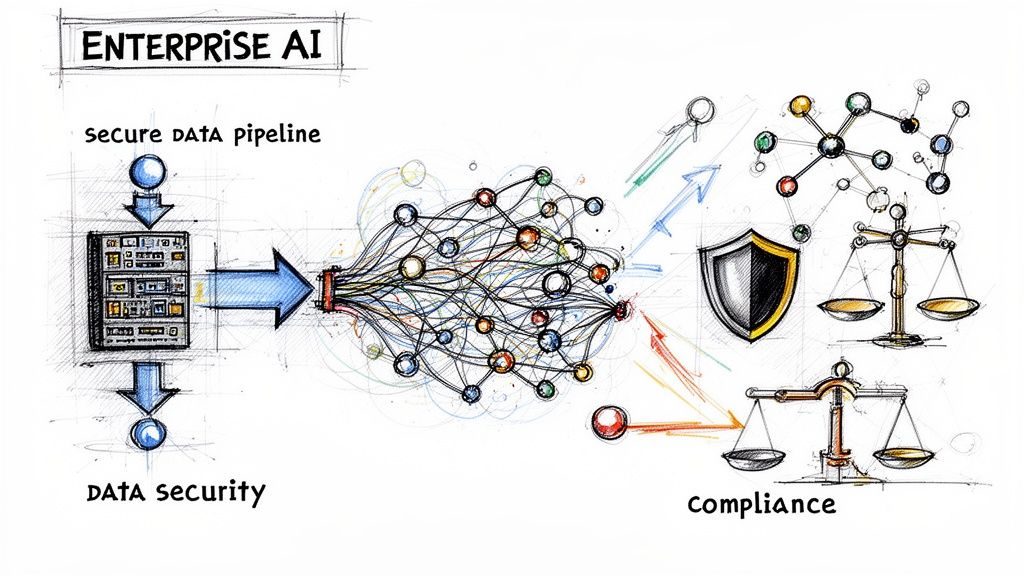 A hand-drawn illustration depicting Enterprise AI concepts including data pipelines, security, complex neural networks, and regulatory compliance.