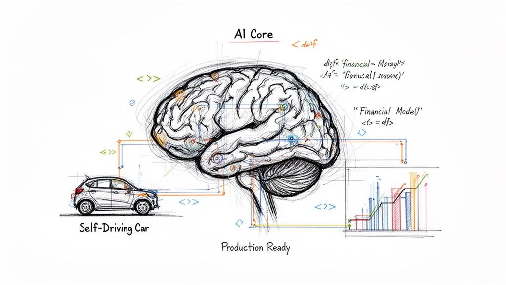 A digital illustration showing a human brain connected to a self-driving car and financial growth charts.