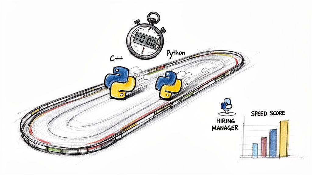 A hand-drawn illustration depicting a race between Python and C++ logos on a racetrack.